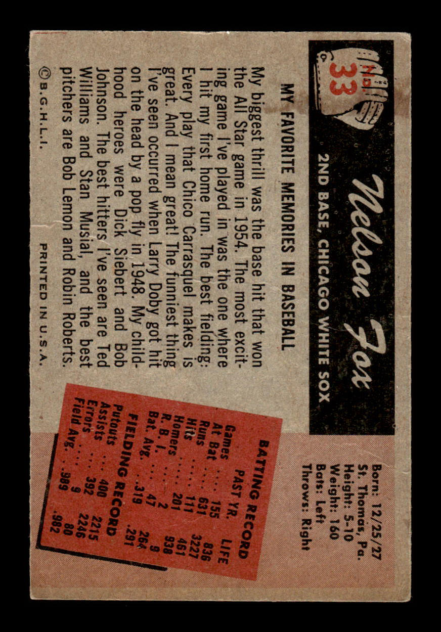 1955 Bowman #33 Nelson Fox Chicago White Sox G 55B10007069