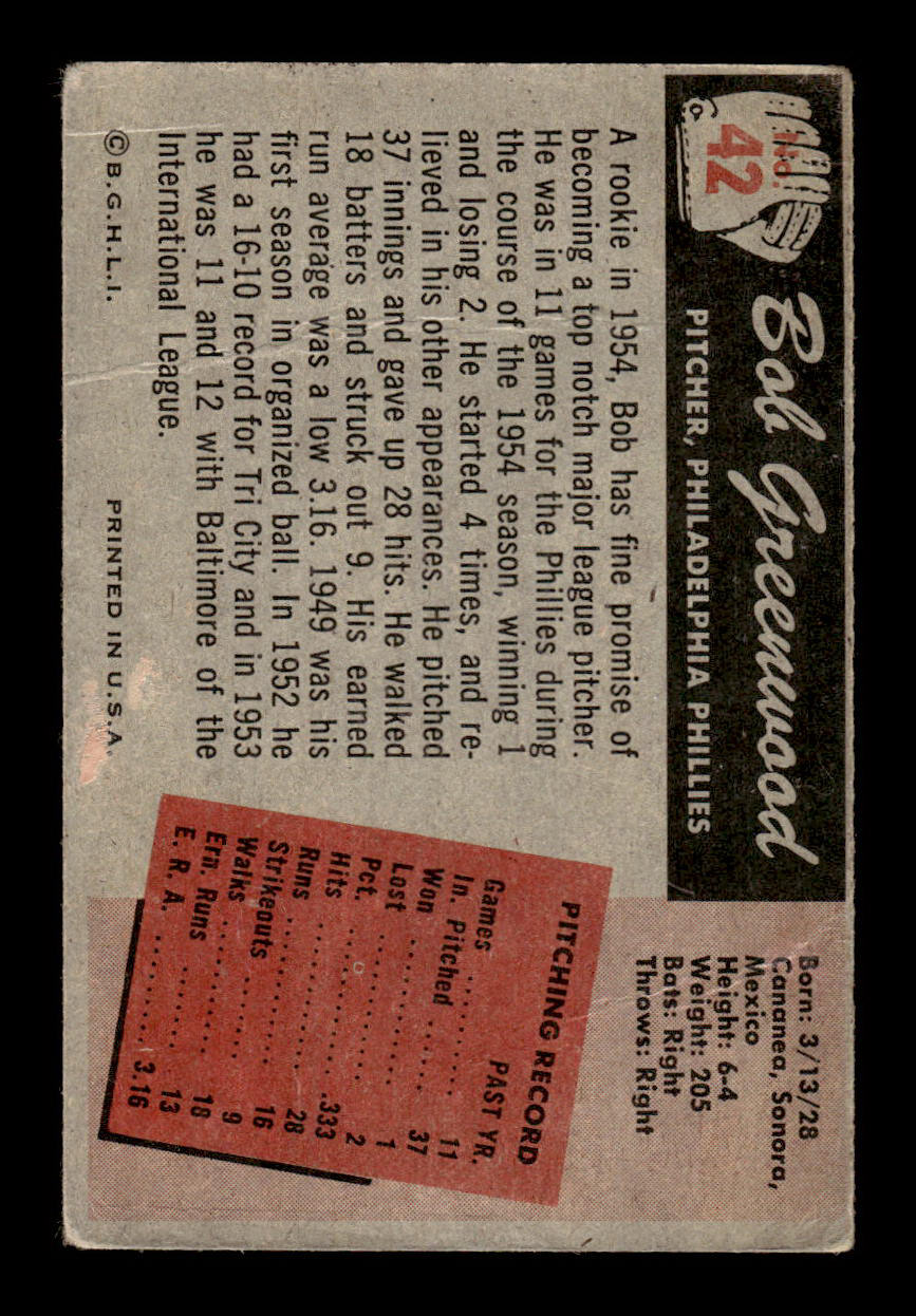 1955 Bowman #42 Bob Greenwood Philadelphia Phillies G/VG 55B10007078