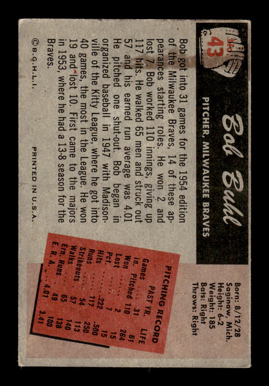 1955 Bowman #43 Bob Buhl Milwaukee Braves G/VG 55B10007079