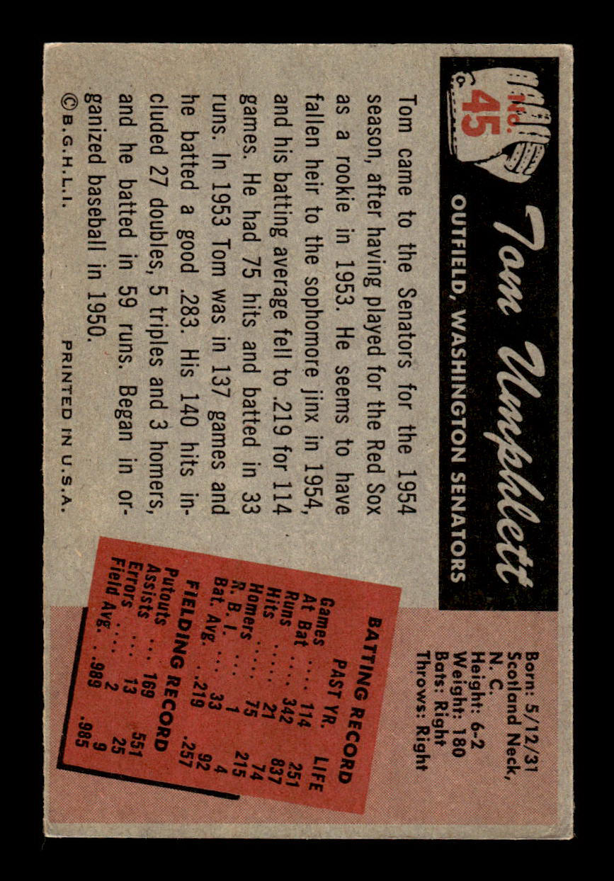 1955 Bowman #45 Tom Umphlett Washington Senators G/VG 55B10007081