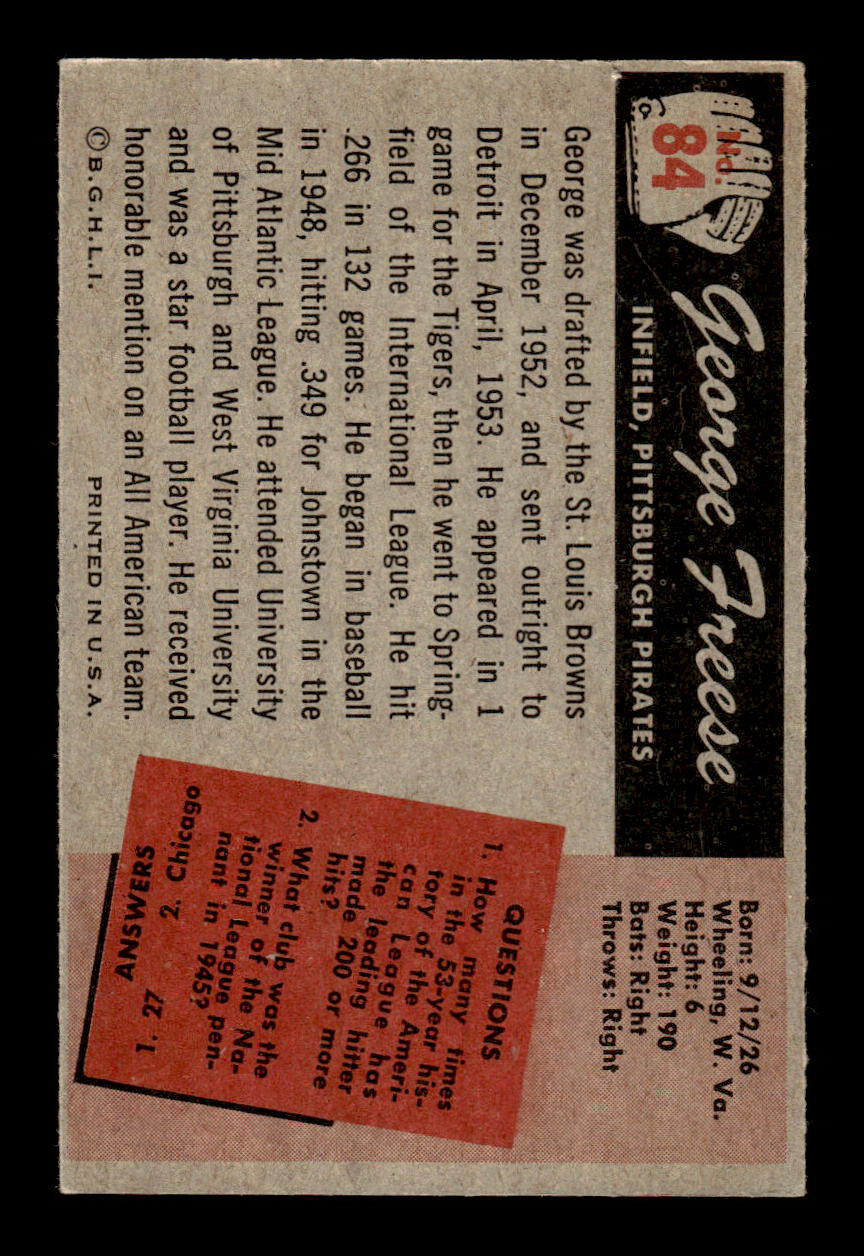 1955 Bowman #84 George Freese Pittsburgh Pirates VG 55B10007120
