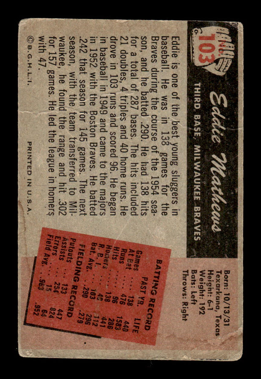 1955 Bowman #103 Eddie Mathews Milwaukee Braves G/VG 55B10007140