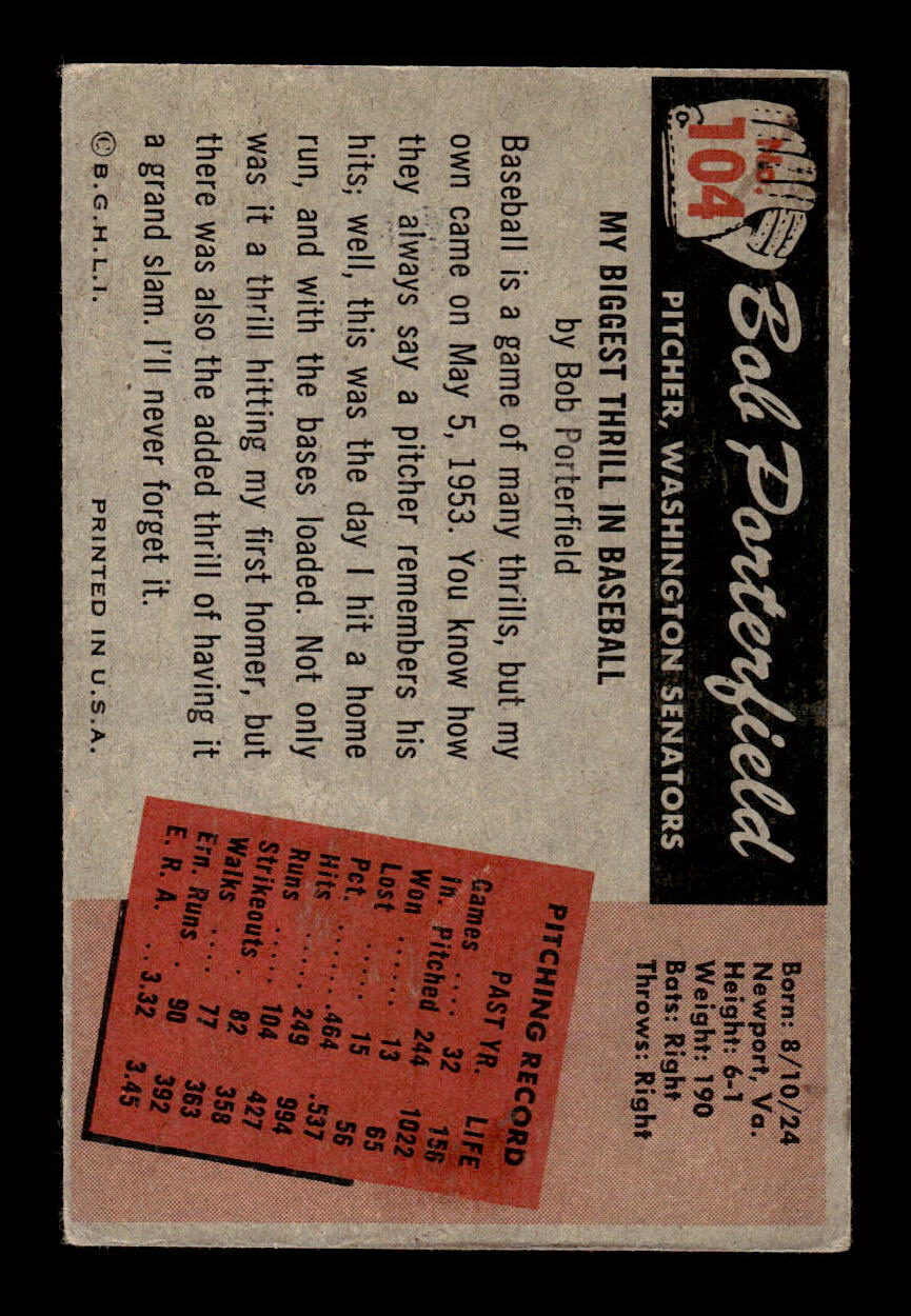 1955 Bowman #104 Bob Porterfield Washington Senators G/VG 55B10007141