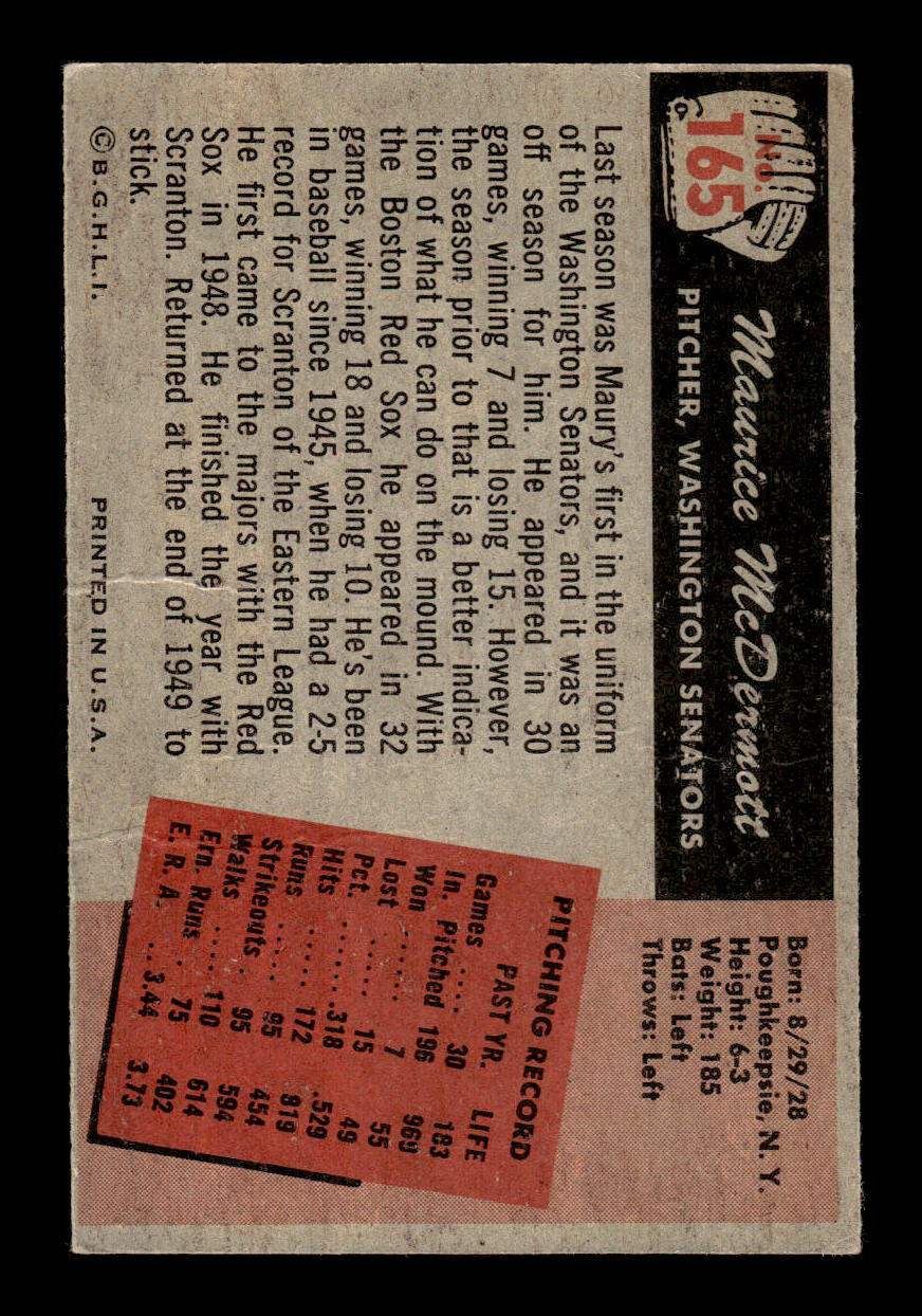 1955 Bowman #165 Maurice McDermott Washington Senators G/VG 55B10007200