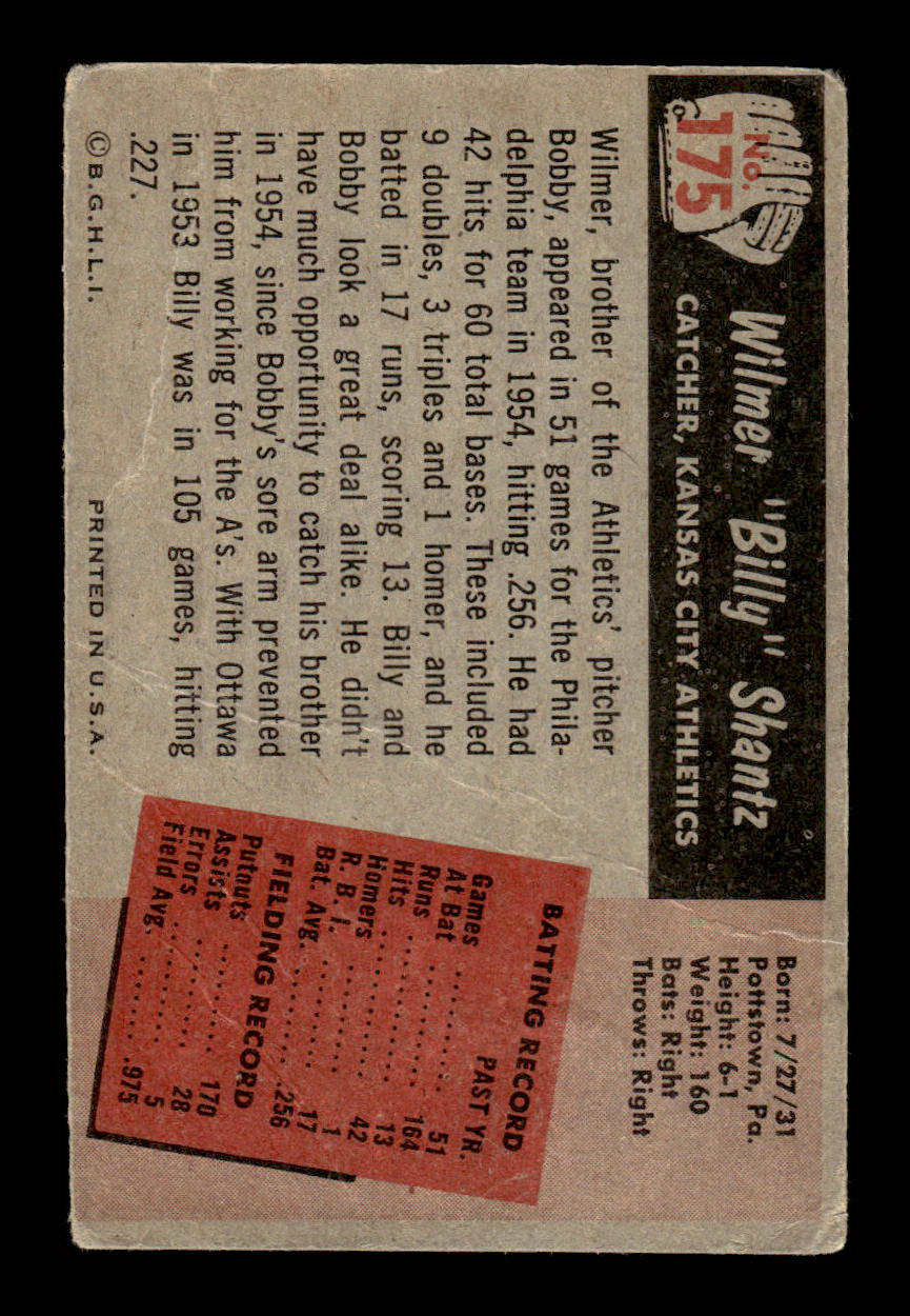 1955 Bowman #175 Billy Shantz Kansas City Athletics G/VG 55B10007211