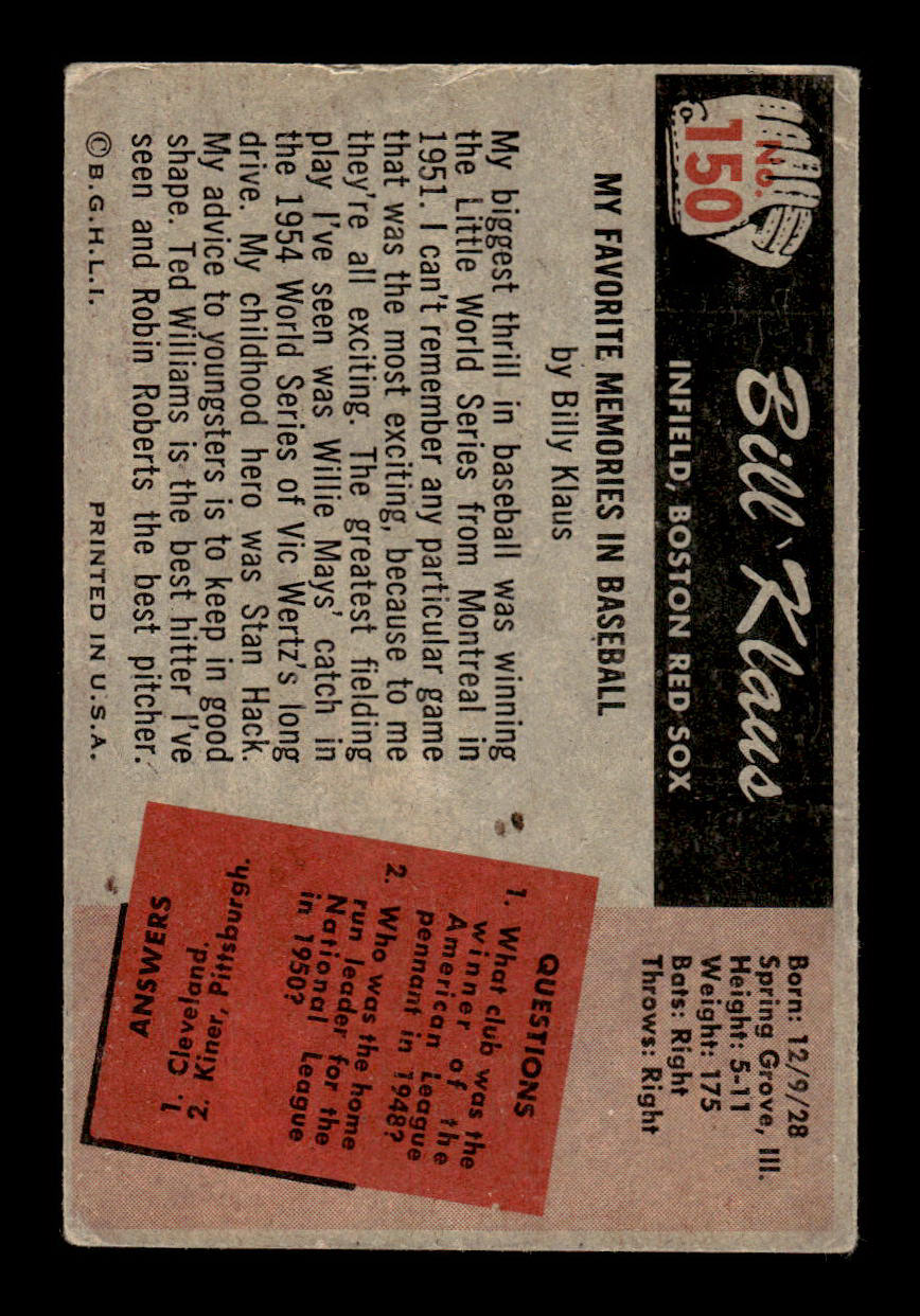 1955 Bowman #150 Billy Klaus Boston Red Sox G/VG 55B10007213