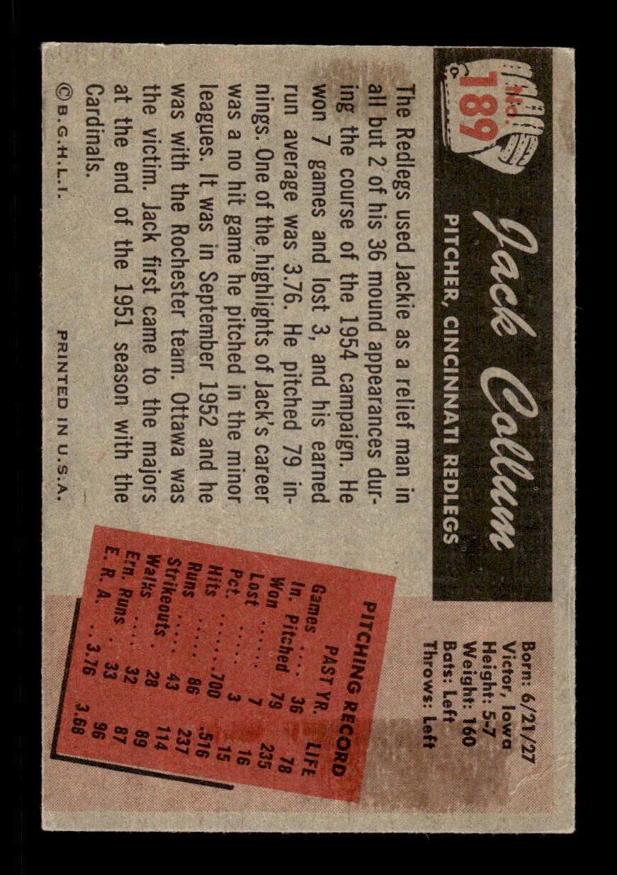 1955 Bowman #189 Jack Collum Cincinnati Redlegs EX 55B10007223