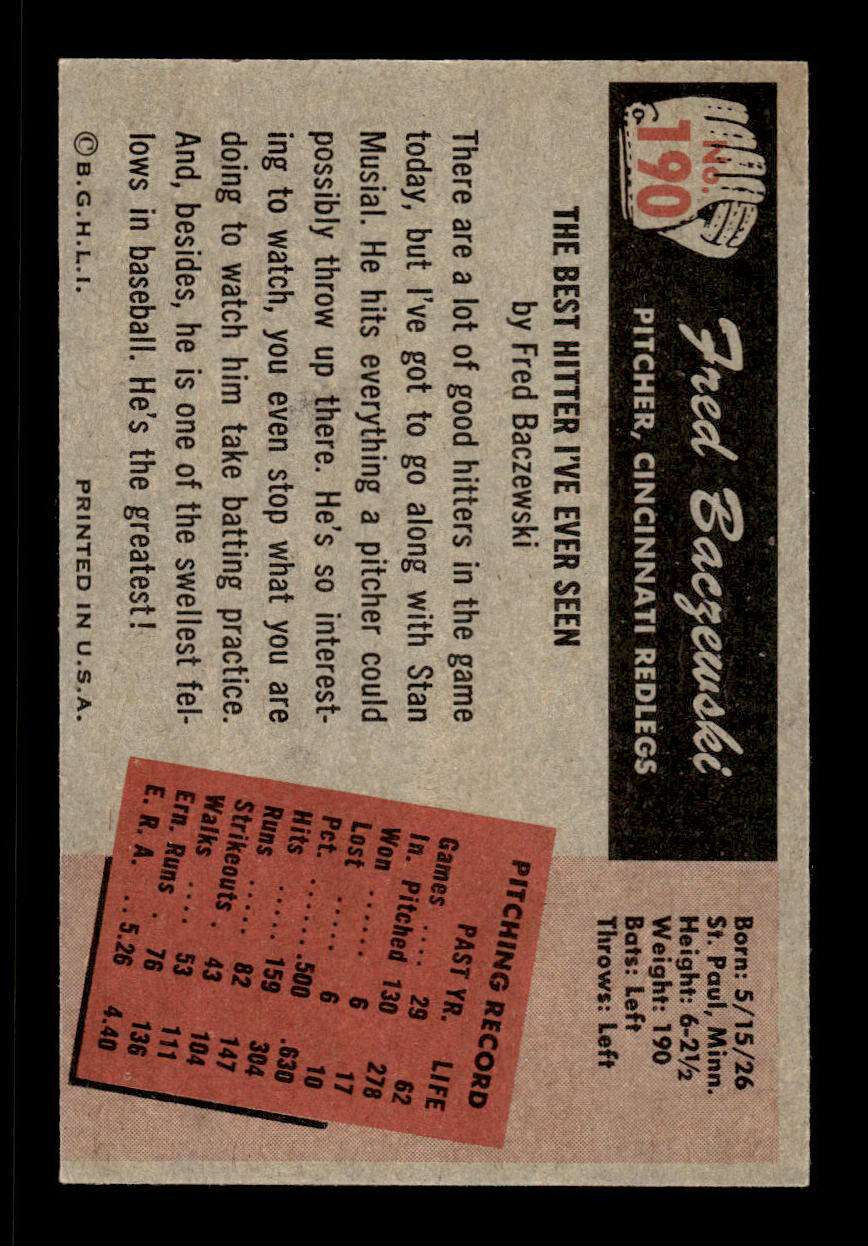 1955 Bowman #190 Fred Baczewski Cincinnati Redlegs VGEX 55B10007224