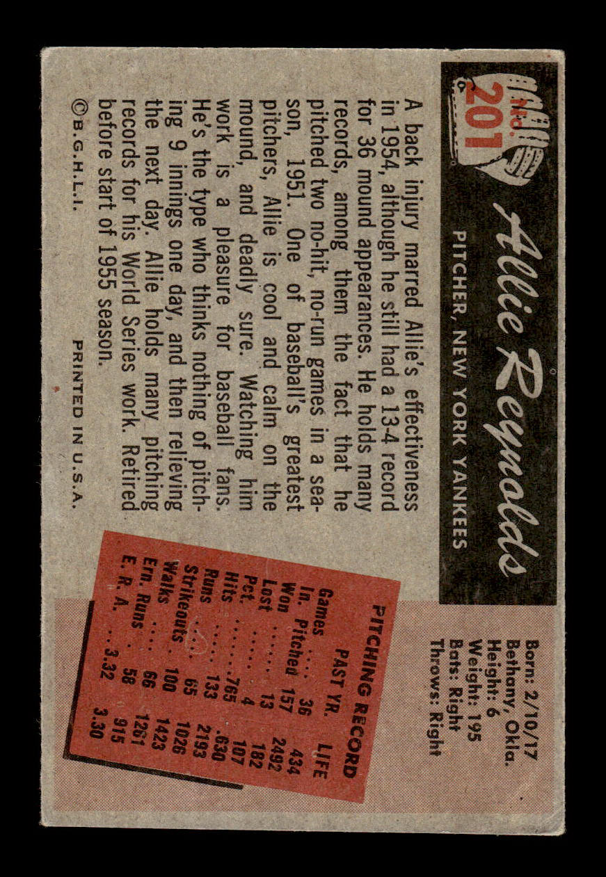 1955 Bowman #201 Allie Reynolds New York Yankees VG 55B10007235