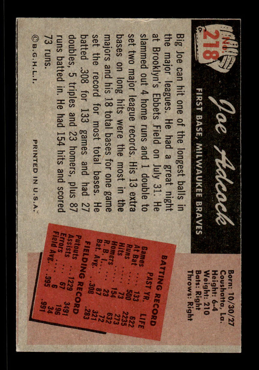 1955 Bowman #218 Joe Adcock Milwaukee Braves VGEX 55B10007251