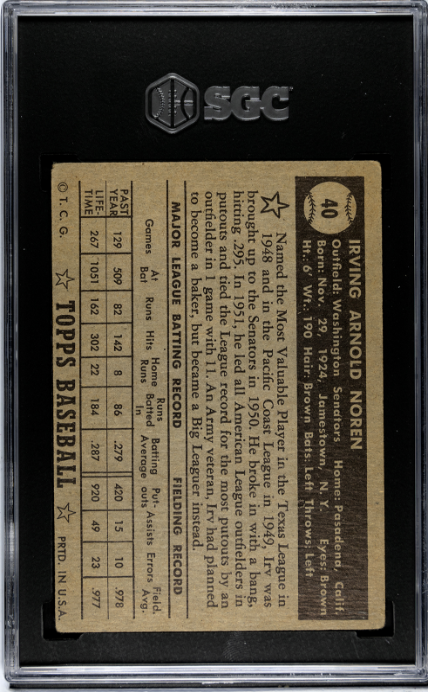 1952 Topps #40 Irv Noren Black Back SGC 3 SN 2593016