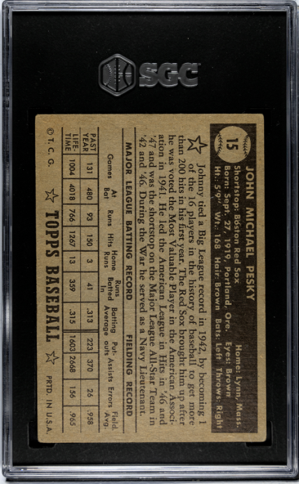 1952 Topps #15 Johnny Pesky Black Back SGC 4 SN 9279042