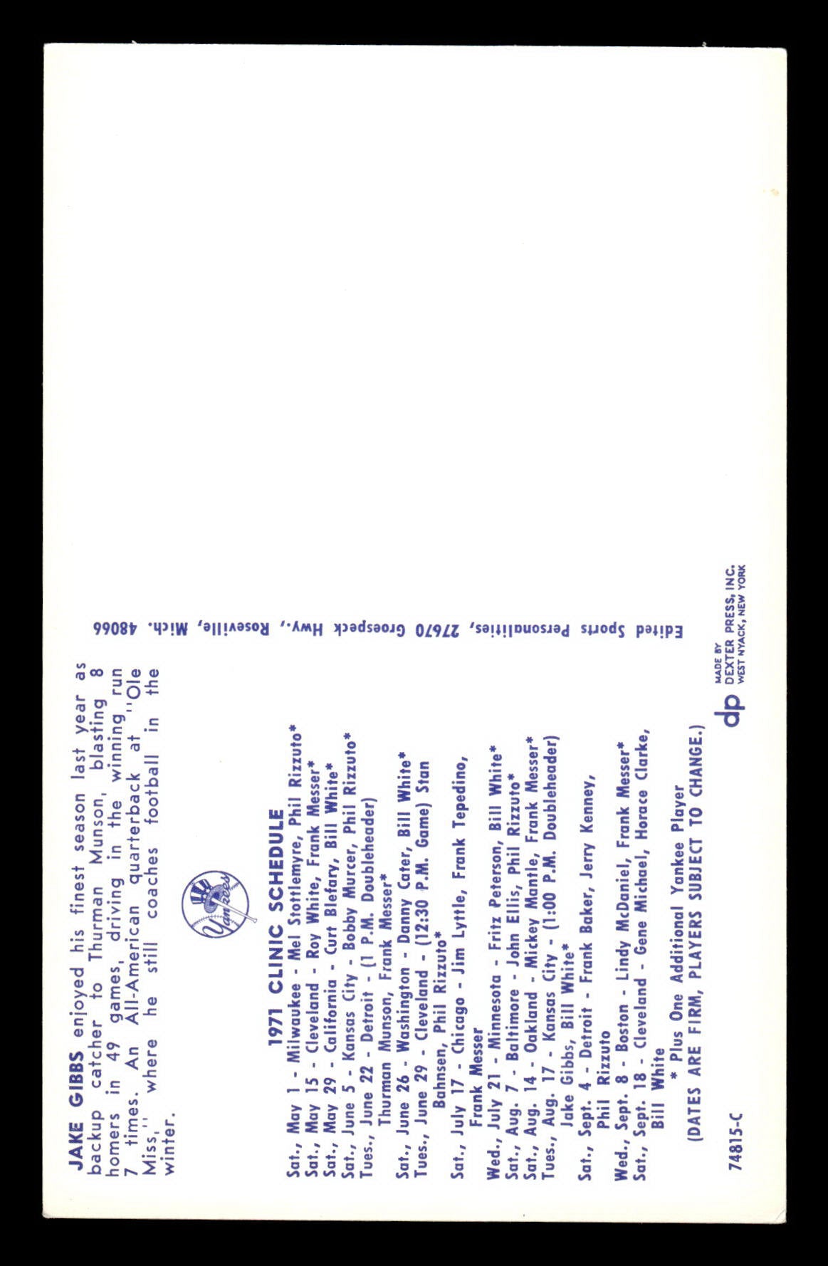 1971 New York Yankees Clinic Day Postcards Jake Gibbs EX 55B10007432