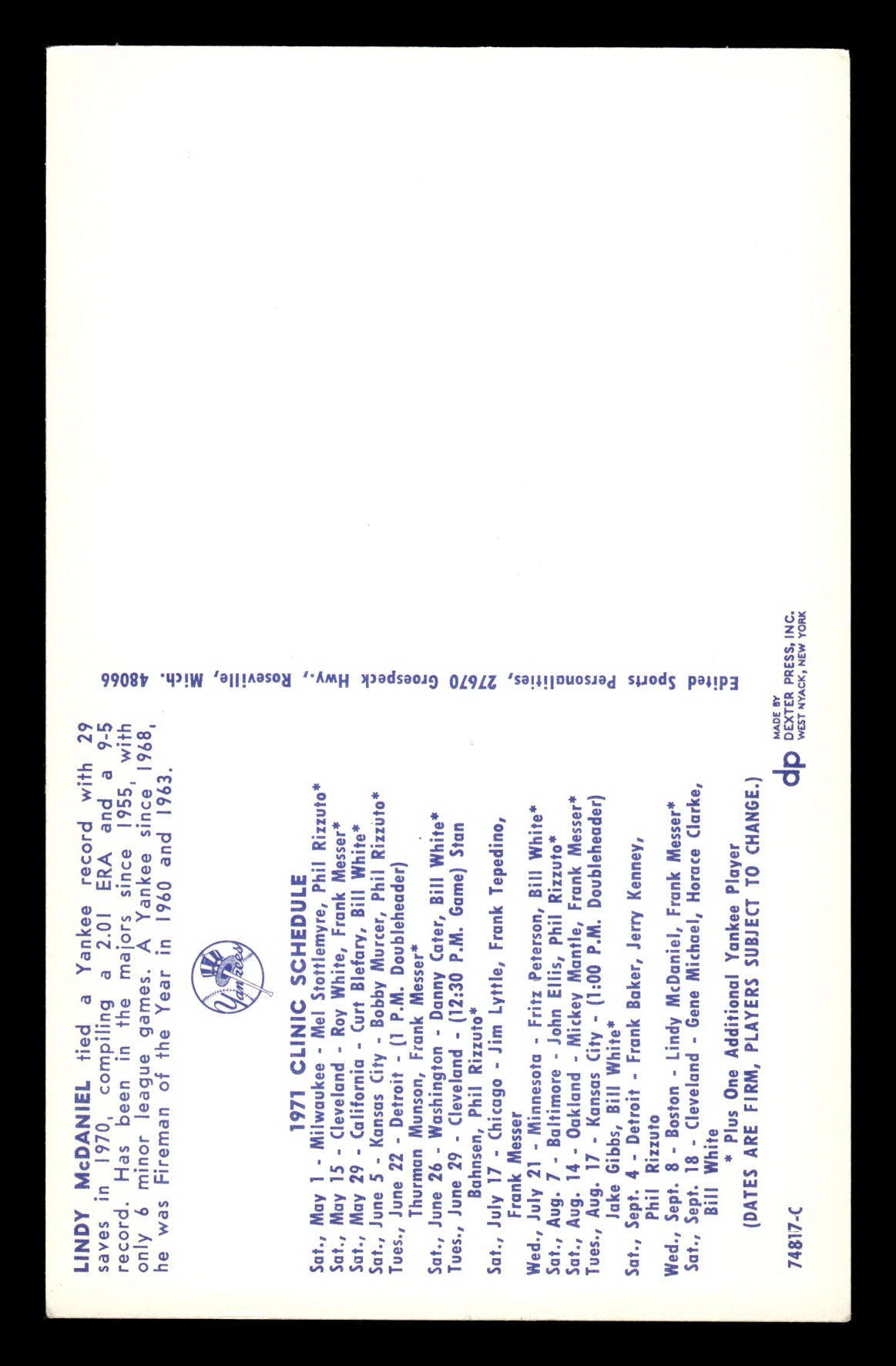 1971 New York Yankees Clinic Day Postcards Lindy McDaniel EX 55B10007433