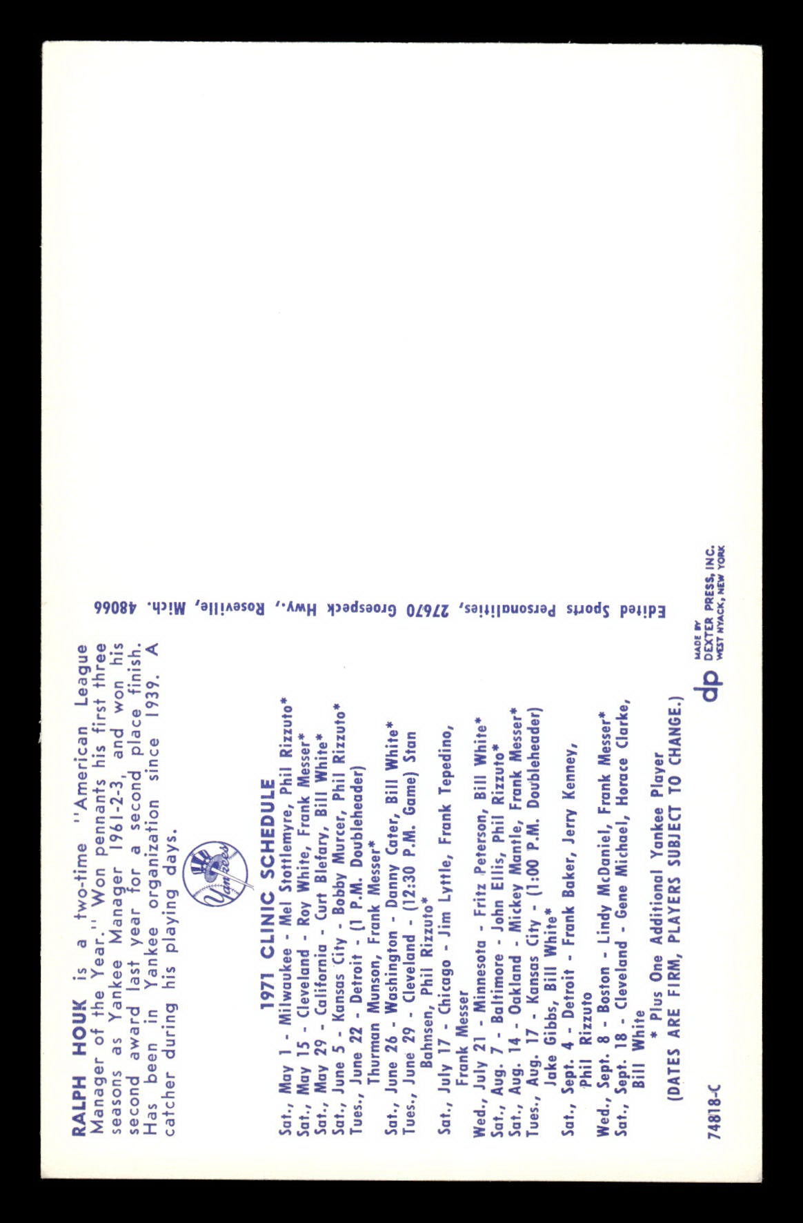 1971 New York Yankees Clinic Day Postcards Ralph Houk EX 55B10007434