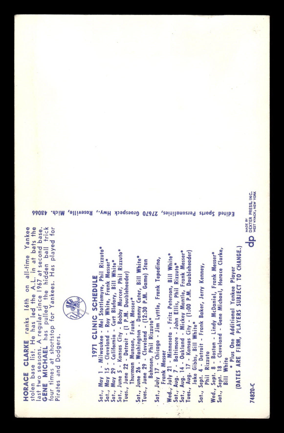 1971 New York Yankees Clinic Day Postcards Michael / Clarke EX 55B10007435