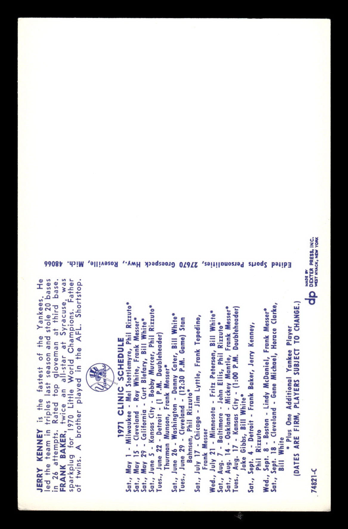 1971 New York Yankees Clinic Day Postcards Kenney / Baker EX 55B10007436
