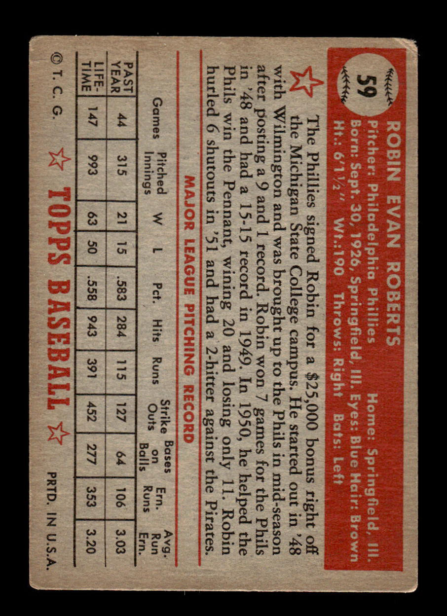 1952 Topps #59 Robin Roberts Philadelphia Phillies VGEX 55B10007438