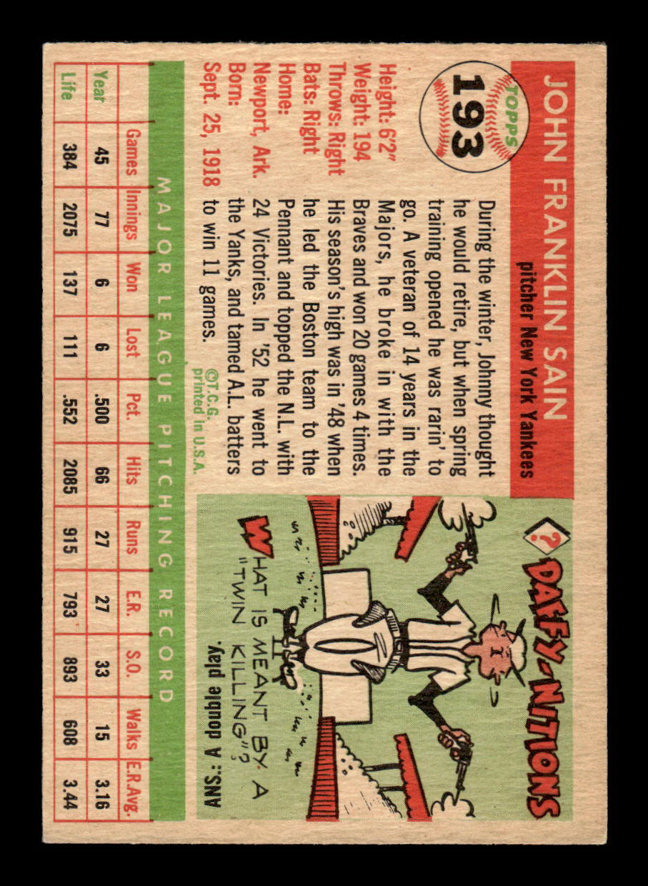 1955 Topps #193 Johnny Sain New York Yankees EX - HI# 55B10007482