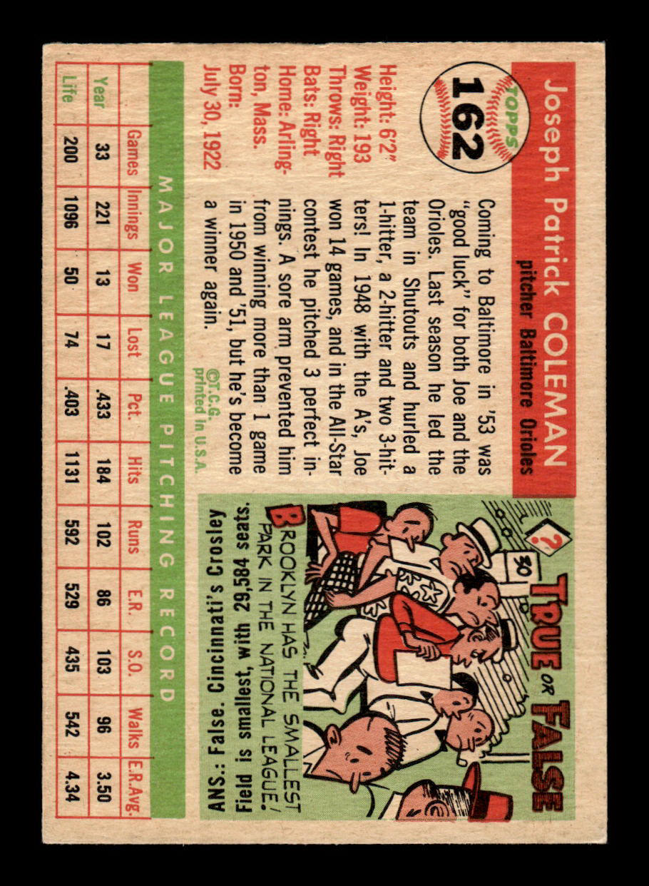 1955 Topps #162 Joe Coleman Baltimore Orioles EX - HI# 55B10007514