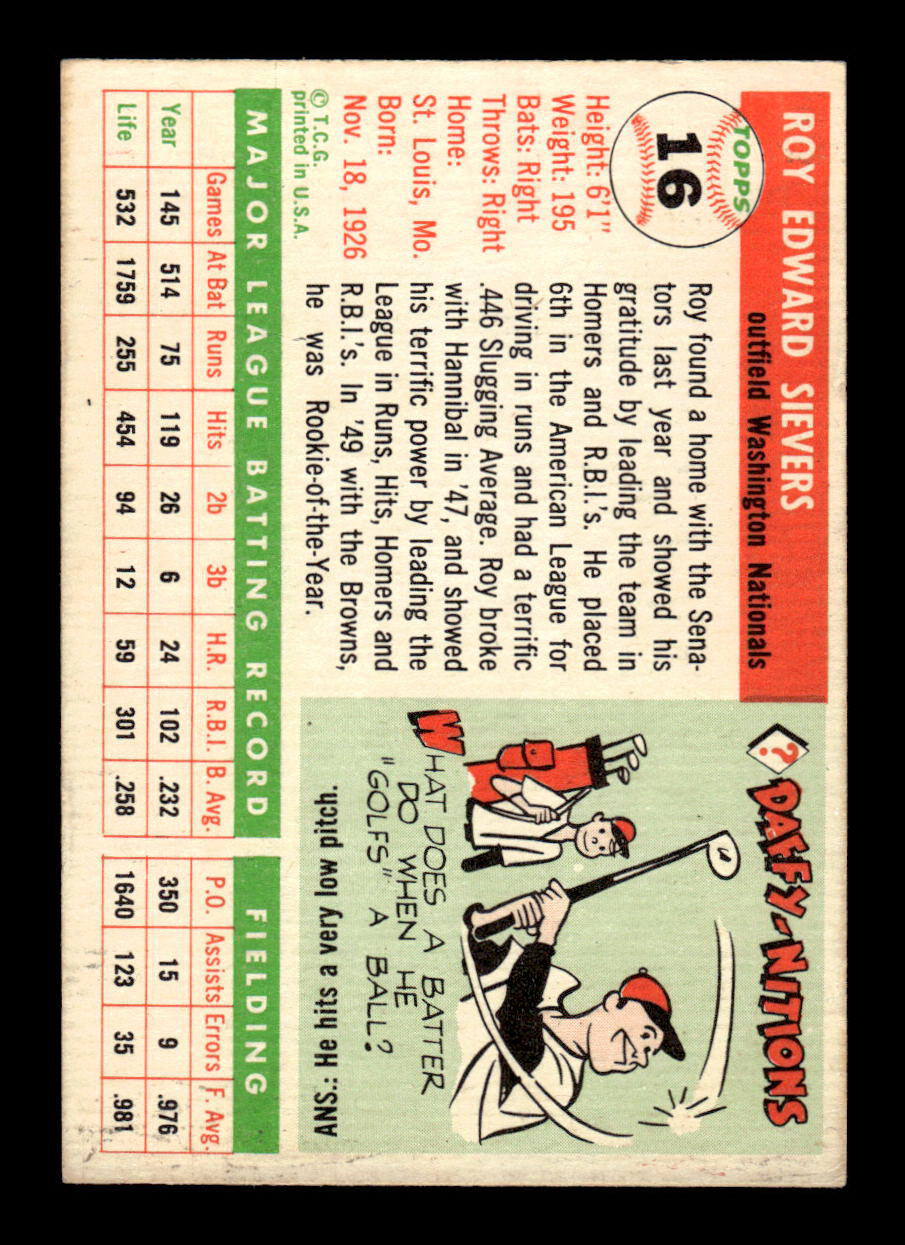 1955 Topps #16 Roy Sievers Washington Senators VGEX 55B10007525