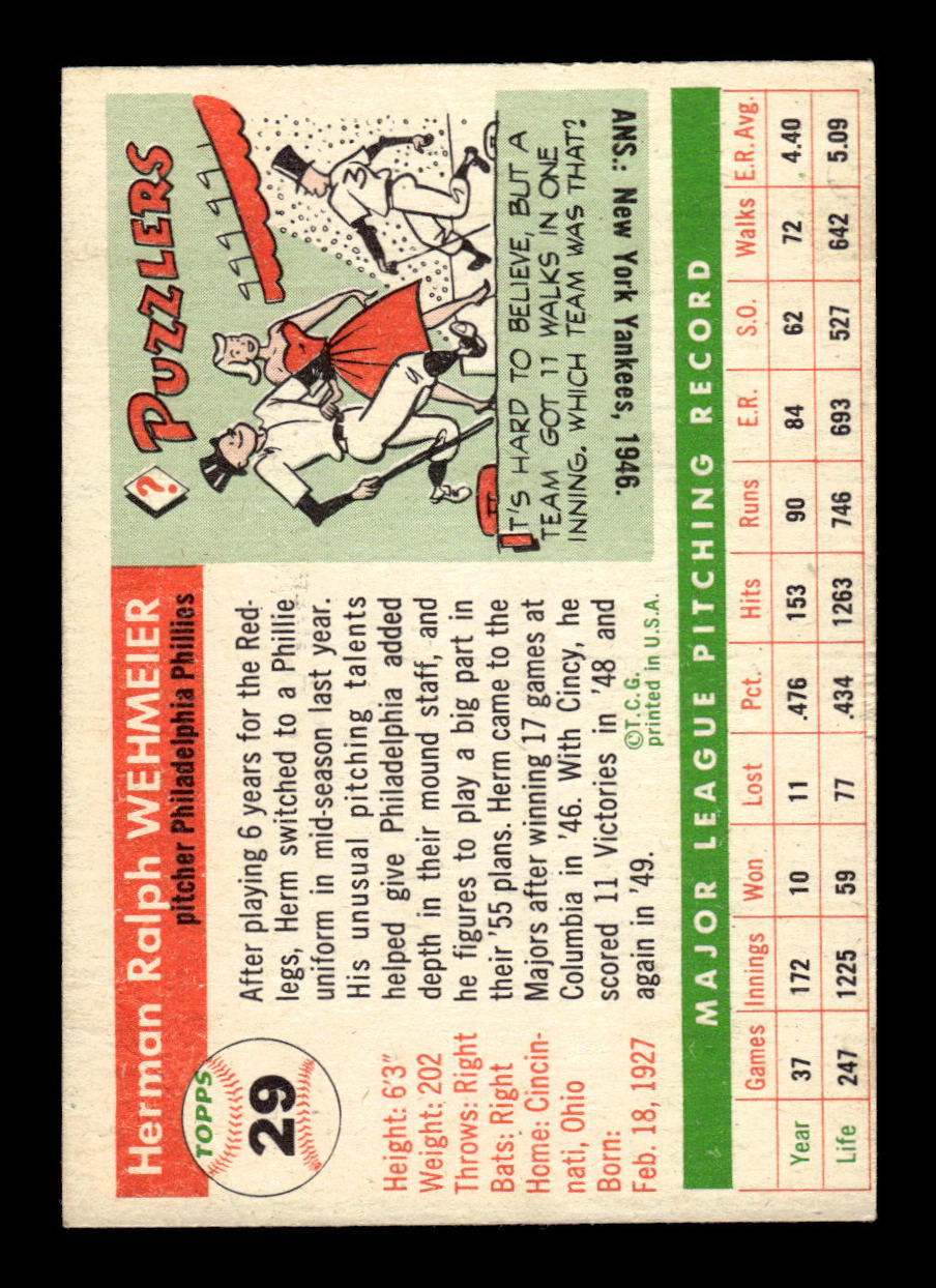 1955 Topps #29a Herman Wehmeier Philadelphia Phillies VG 55B10007535