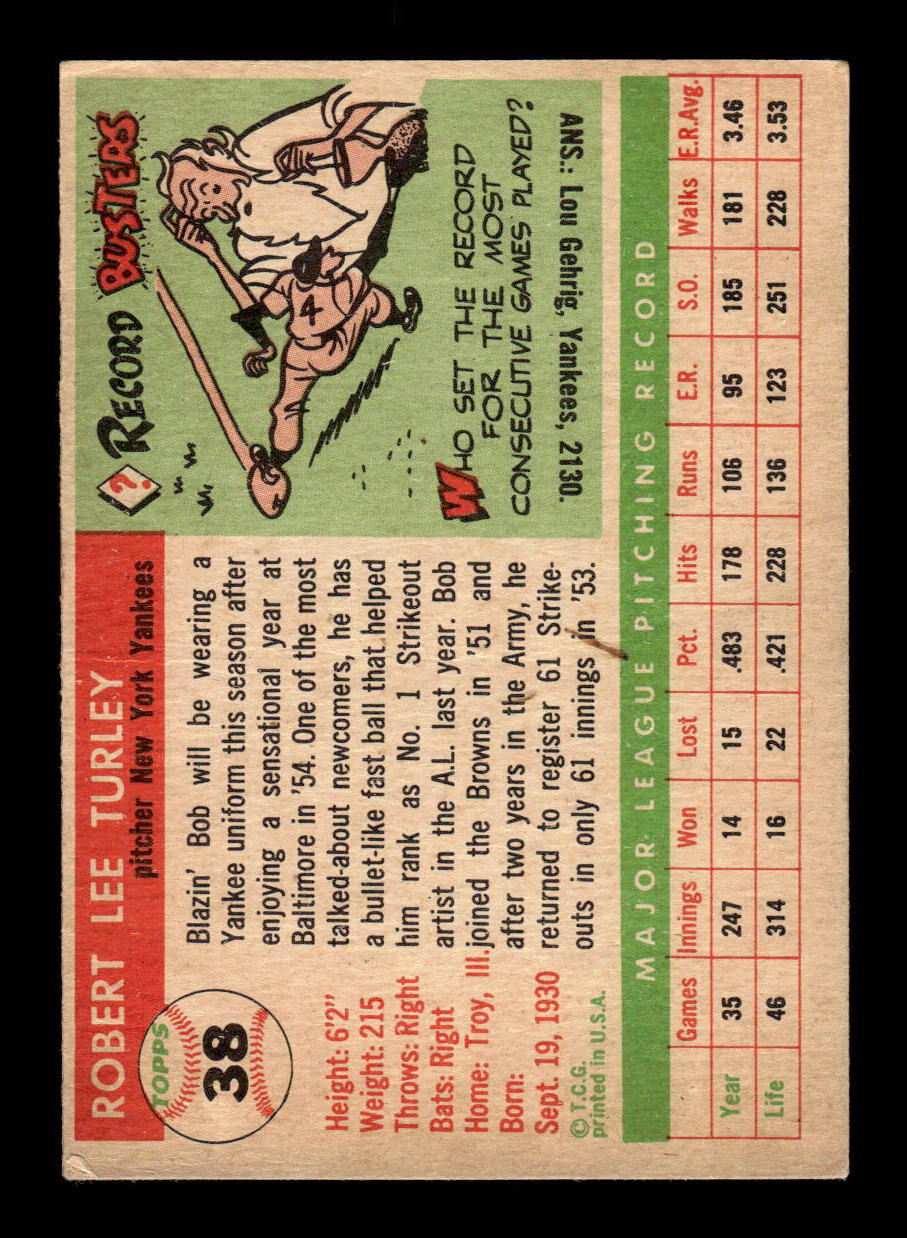 1955 Topps #38 Bob Turley New York Yankees VG 55B10007541
