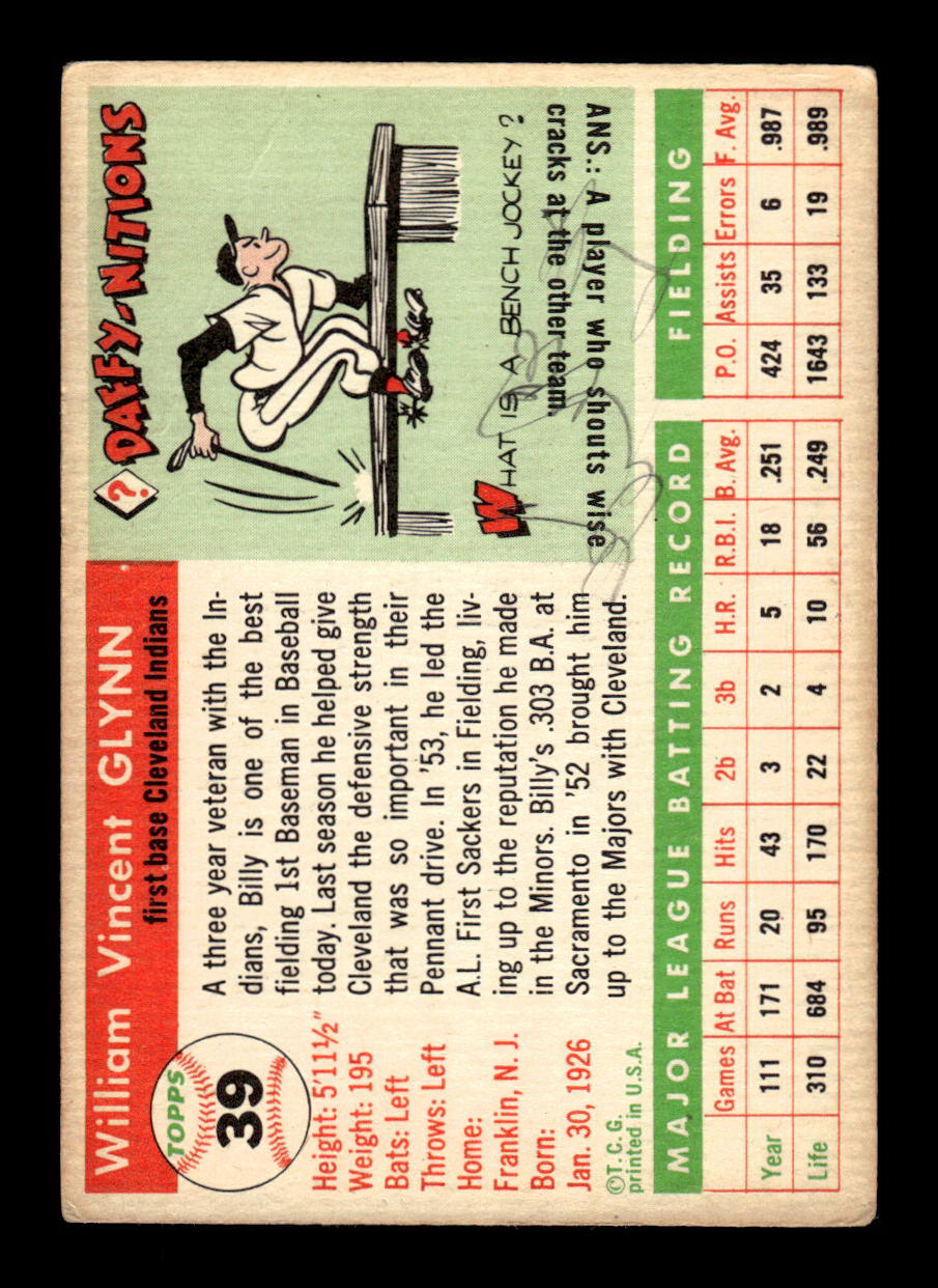 1955 Topps #39 Bill Glynn Cleveland Indians VG 55B10007542