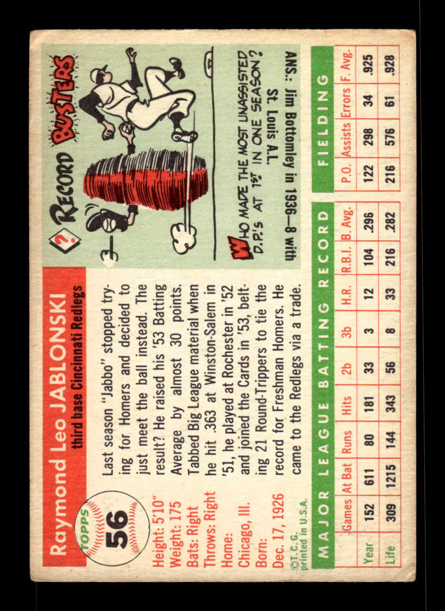 1955 Topps #56 Ray Jablonski Cincinnati Redlegs VG 55B10007552