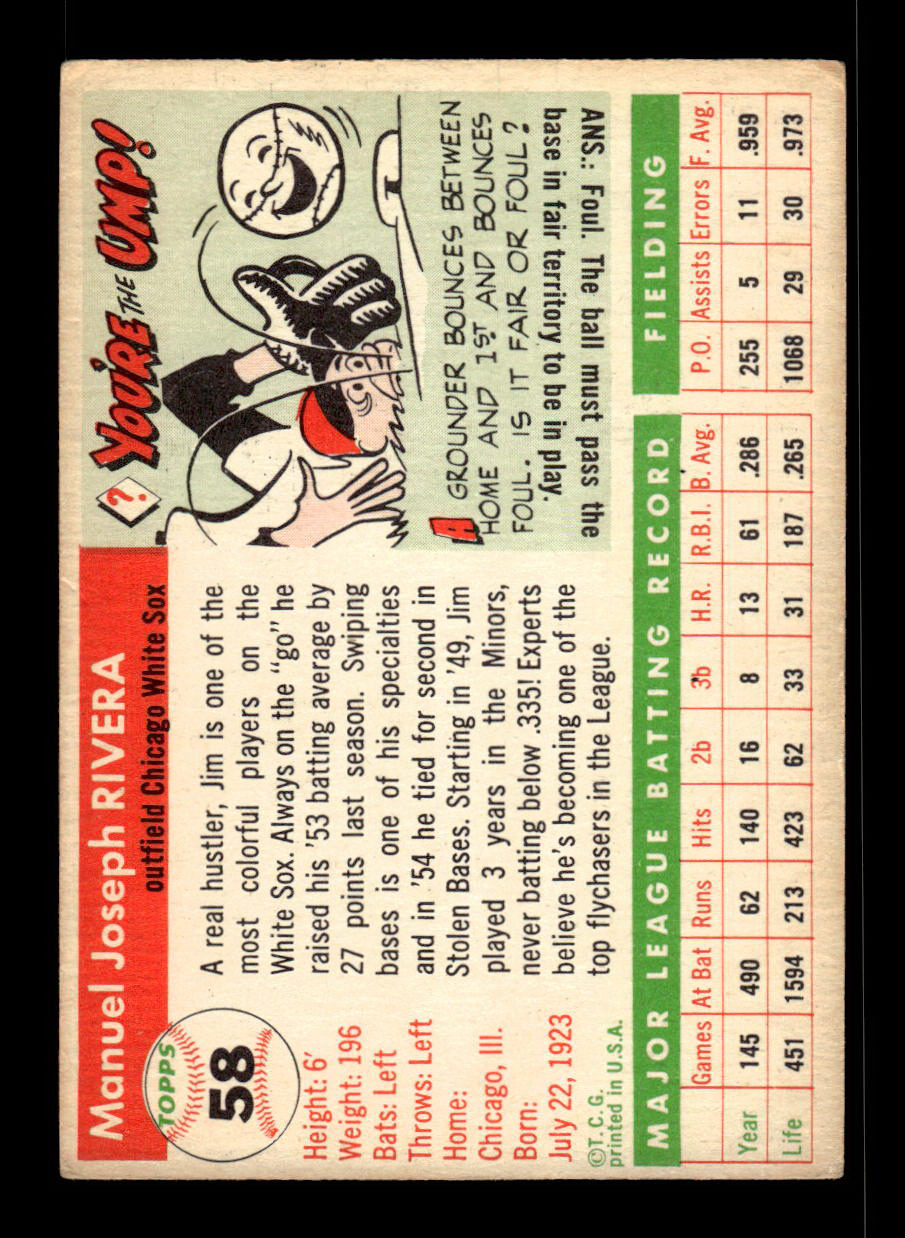 1955 Topps #58 Jim Rivera Chicago White Sox VG 55B10007554
