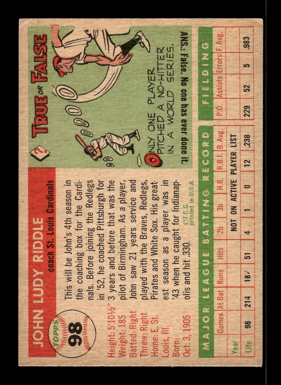 1955 Topps #98 Johnny Riddle St. Louis Cardinals VG 55B10007586