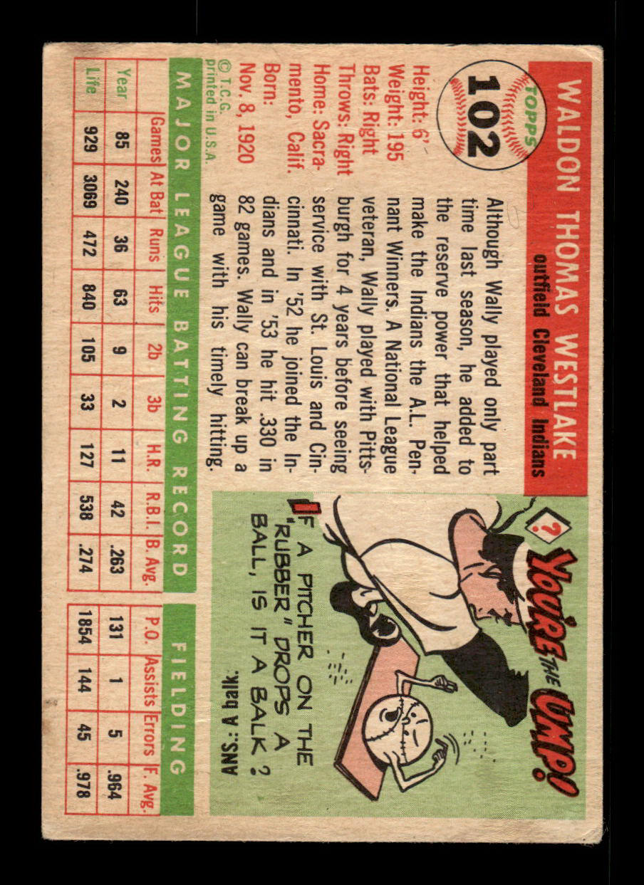 1955 Topps #102 Wally Westlake Cleveland Indians VG 55B10007589