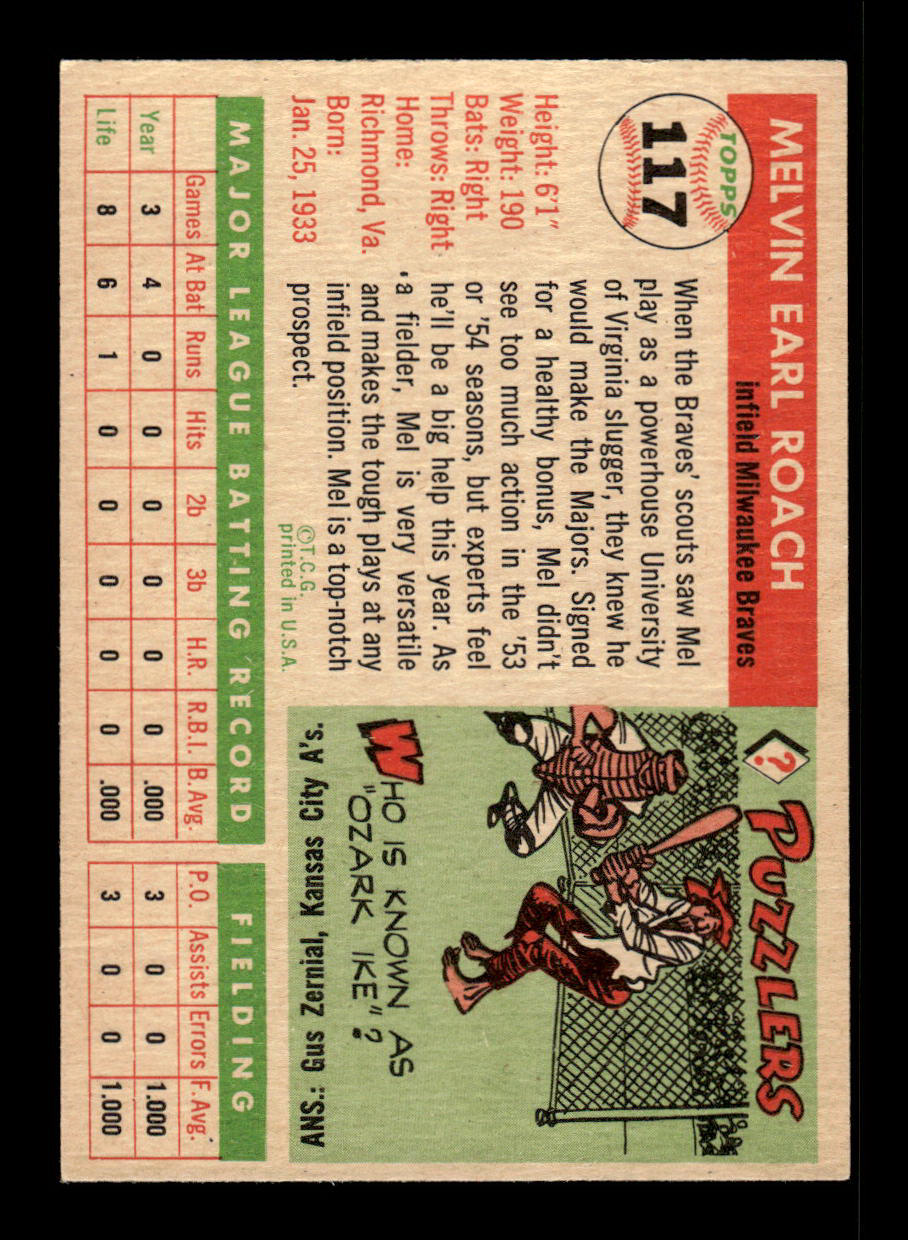 1955 Topps #117 Mel Roach Milwaukee Braves VG 55B10007599