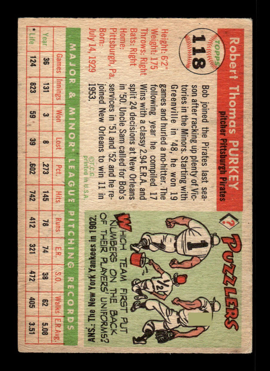 1955 Topps #118 Bob Purkey Pittsburgh Pirates G/VG 55B10007600
