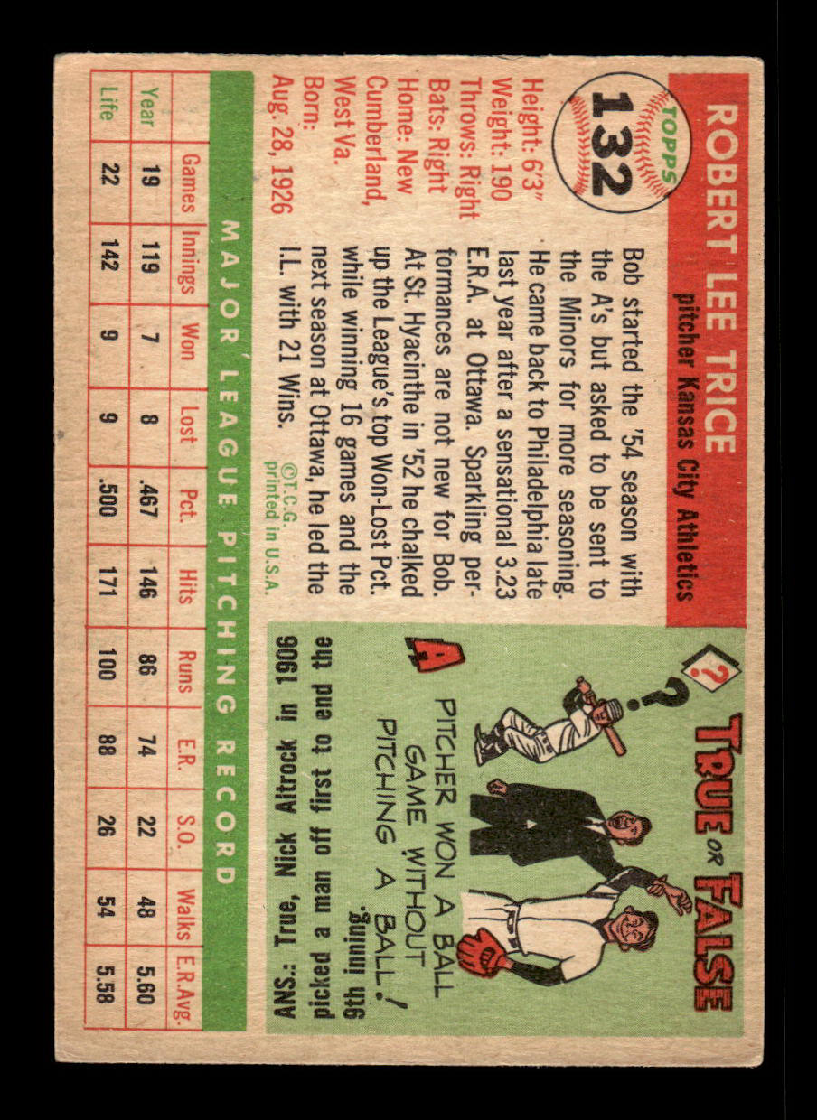 1955 Topps #132 Bob Trice Kansas City Athletics VG 55B10007608