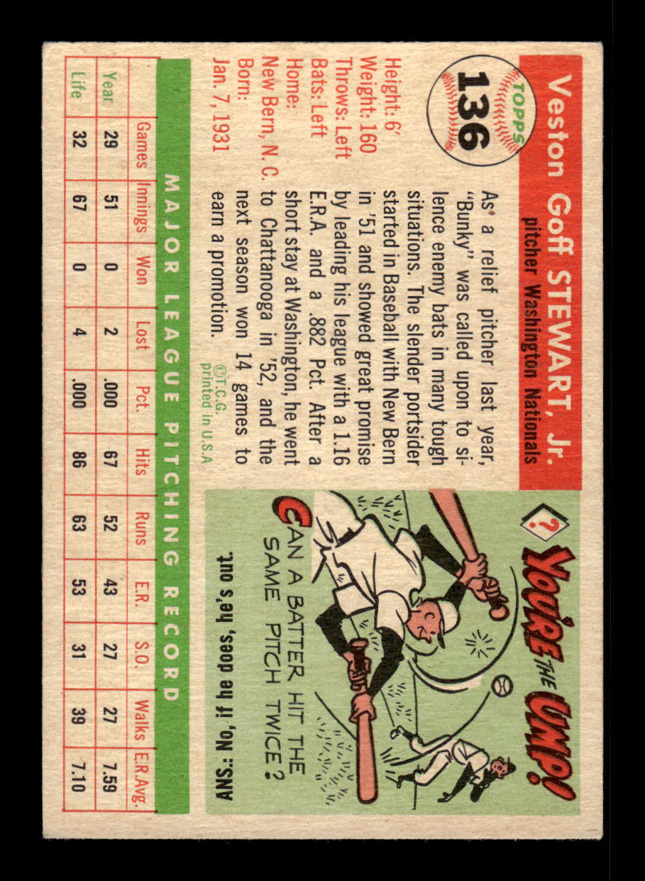 1955 Topps #136 Bunky Stewart Washington Senators VG 55B10007611