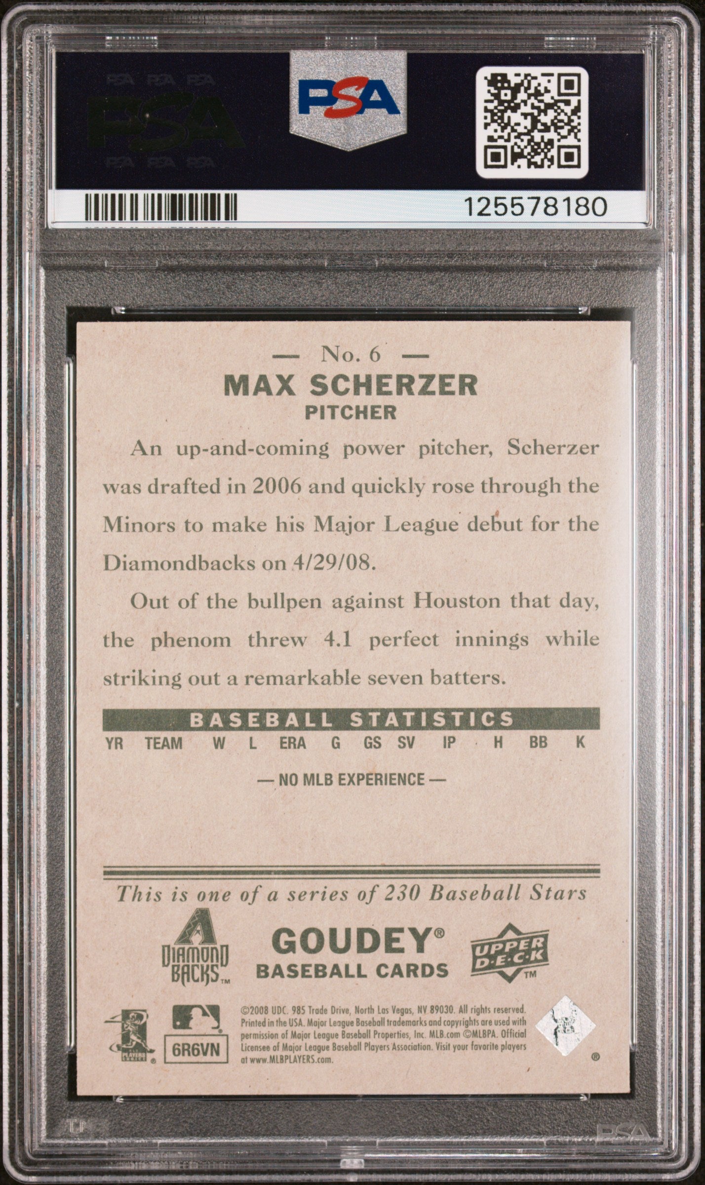2008 Upper Deck Goudey #6 Max Scherzer PSA 9 SN 125578180