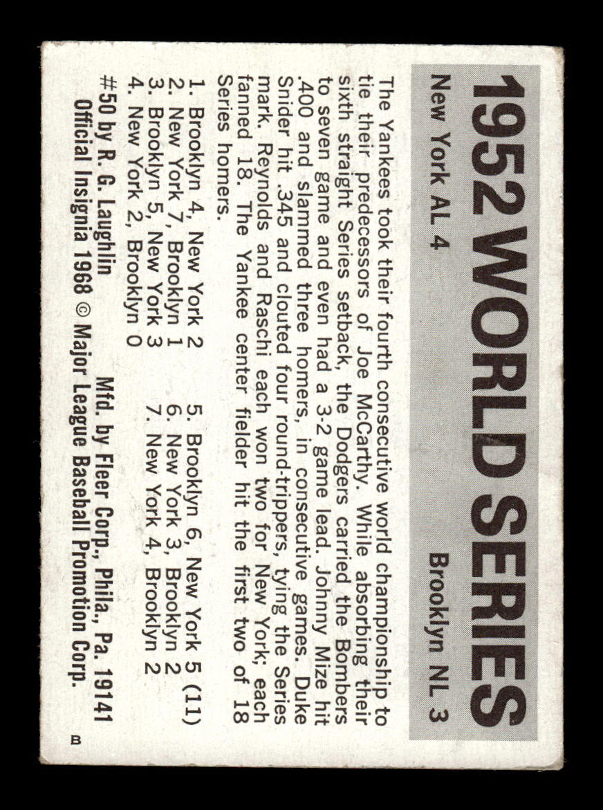 1971 Fleer World Series Black Backs #50 1952 - Yankees Dodgers VGEX 55B10007678