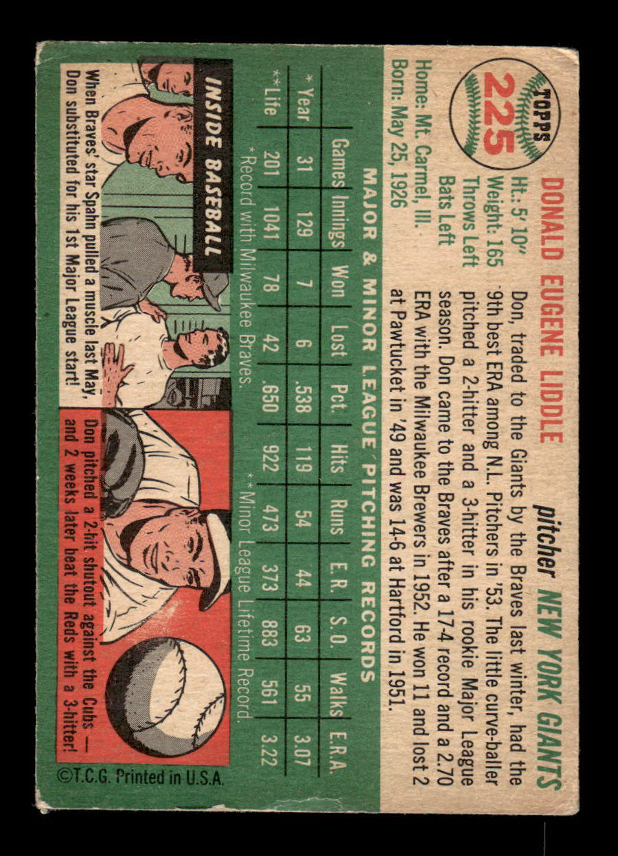 1954 Topps #225 Don Liddle New York Giants VG 54T10007690