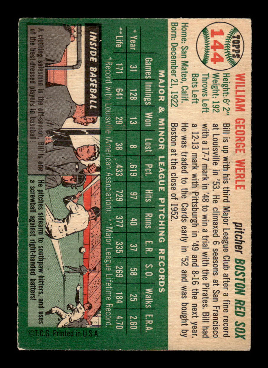 1954 Topps #144 Bill Werle Boston Red Sox VGEX 54T10007731