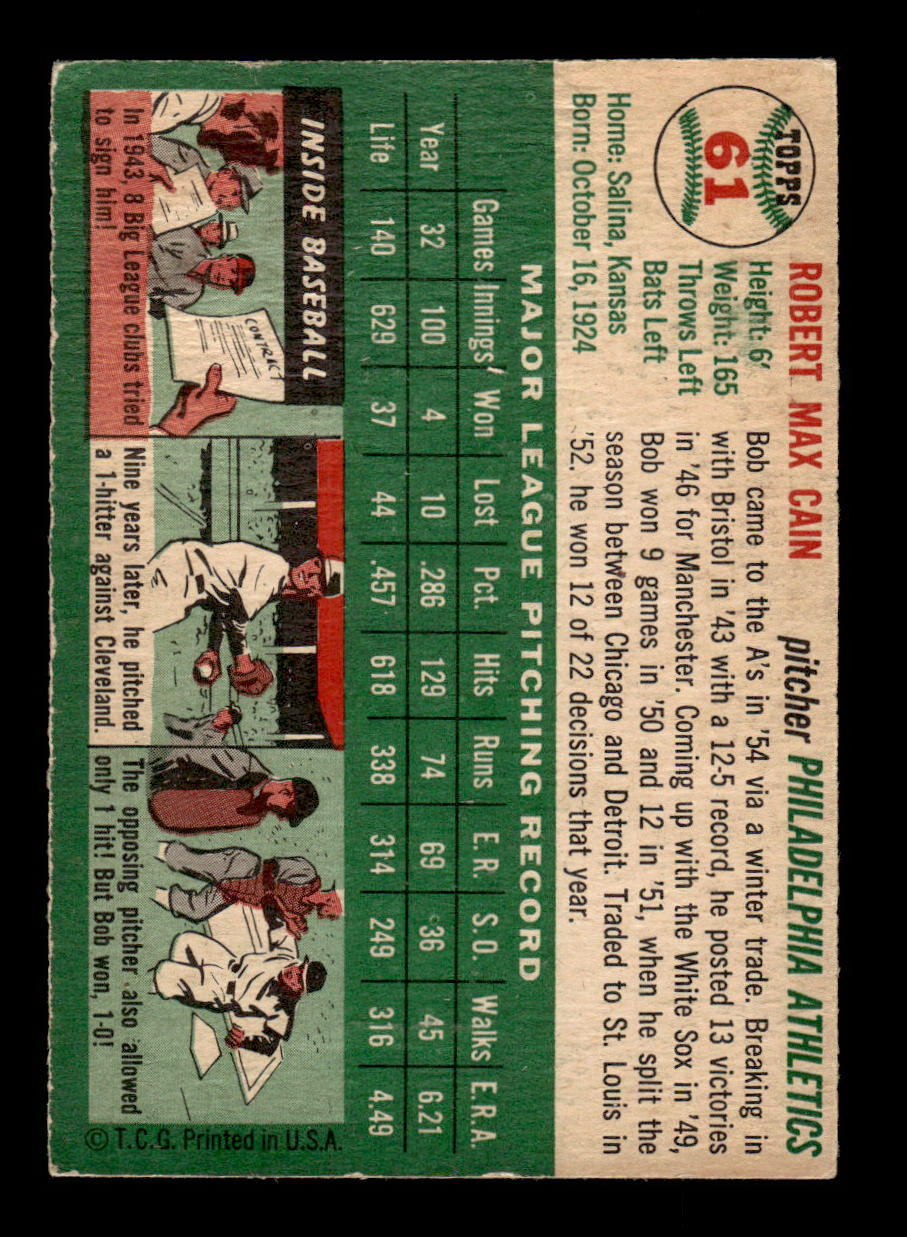 1954 Topps #61 Bob Cain Philadelphia Athletics VG 54T10007808