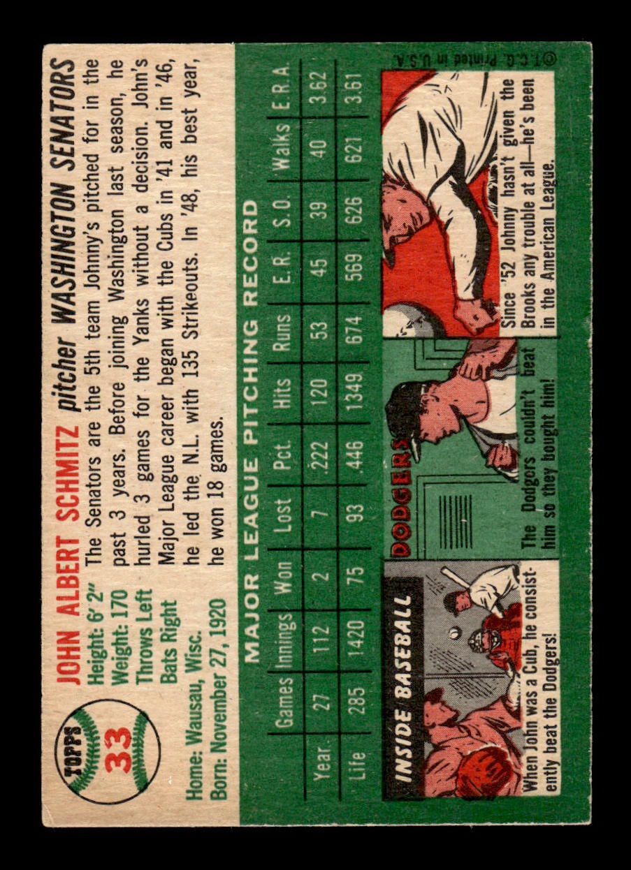 1954 Topps #33 Johnny Schmitz Washington Senators VG 54T10007840