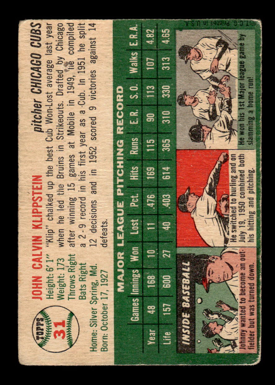 1954 Topps #31 Johnny Klippstein Chicago Cubs VG 54T10007842