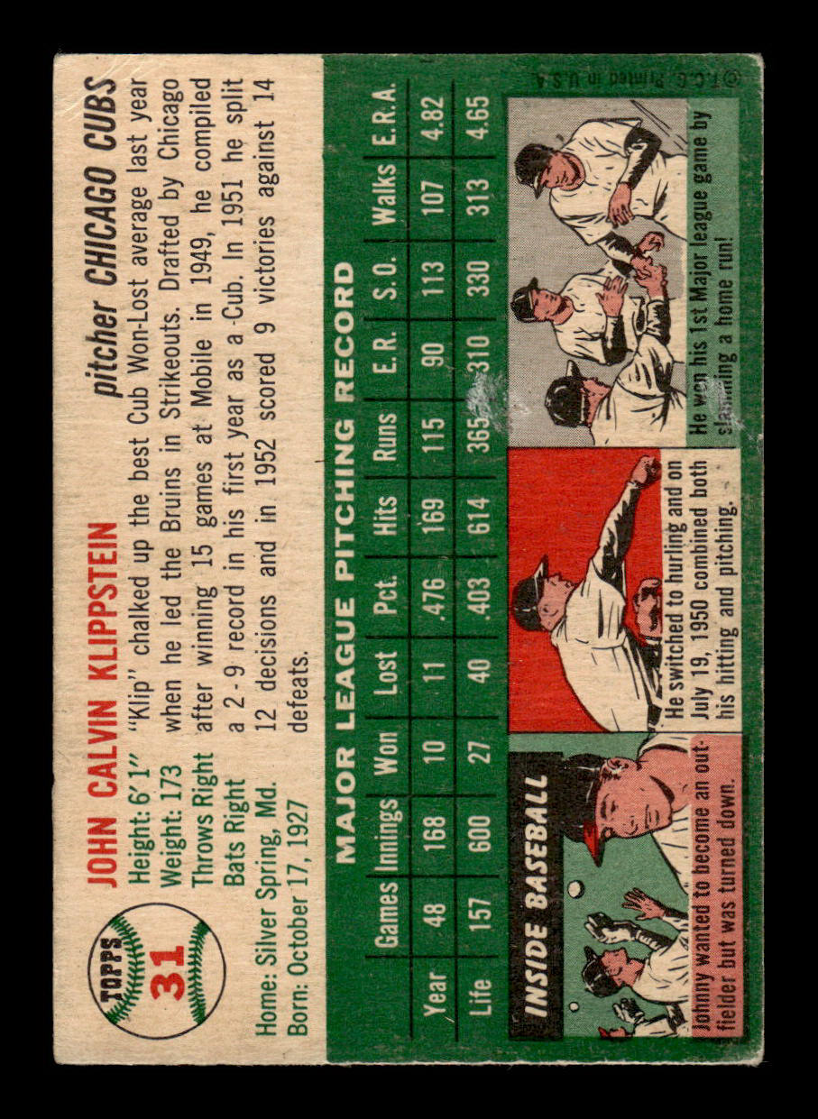 1954 Topps #31 Johnny Klippstein Chicago Cubs VG 54T10007843