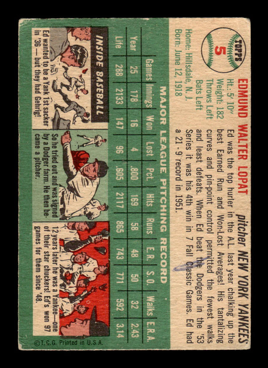 1954 Topps #5 Ed Lopat New York Yankees VG 54T10007876