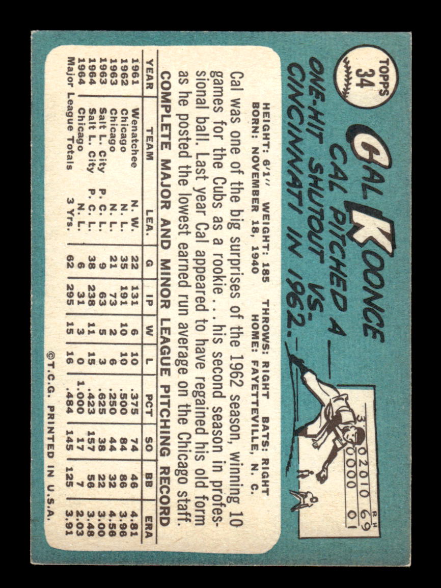 1965 Topps #34 Cal Koonce Chicago Cubs VGEX 54T10007904