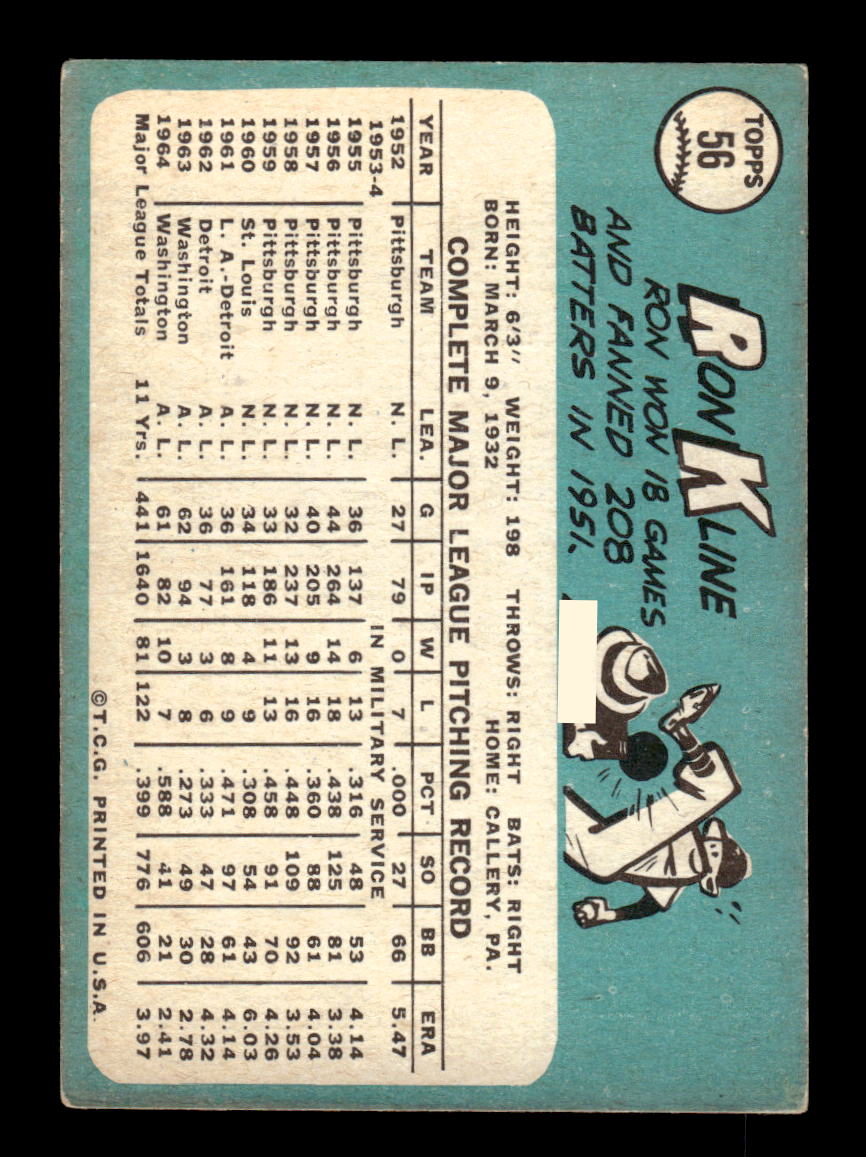 1965 Topps #56 Ron Kline Washington Senators VG 54T10007921