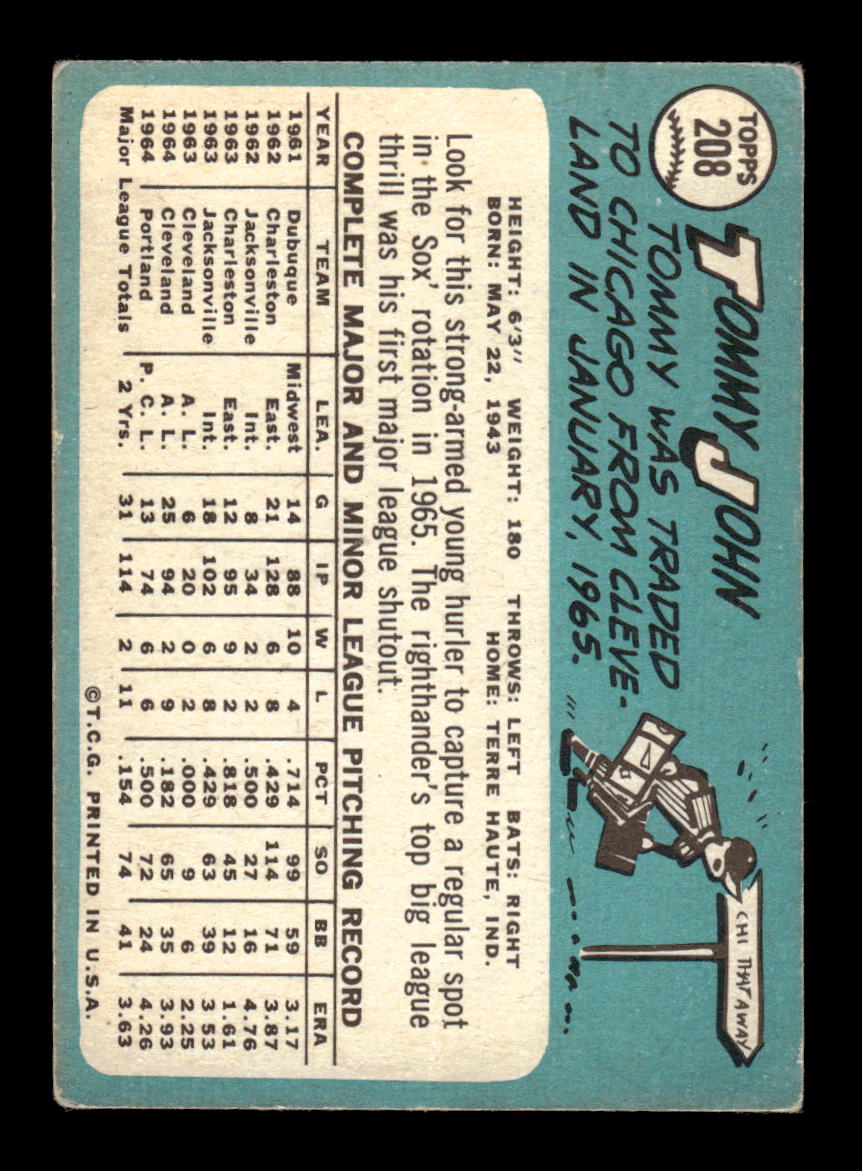 1965 Topps #208 Tommy John Chicago White Sox VG 54T10007997