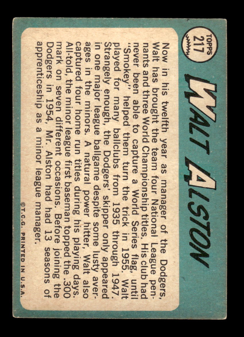 1965 Topps #217 Walt Alston Los Angeles Dodgers VG 54T10008001