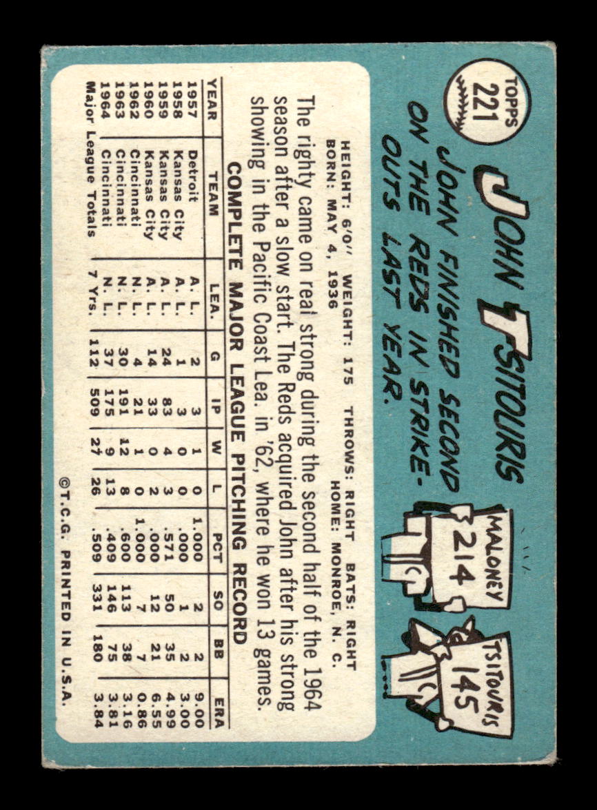 1965 Topps #221 John Tsitouris Cincinnati Reds VG 54T10008004